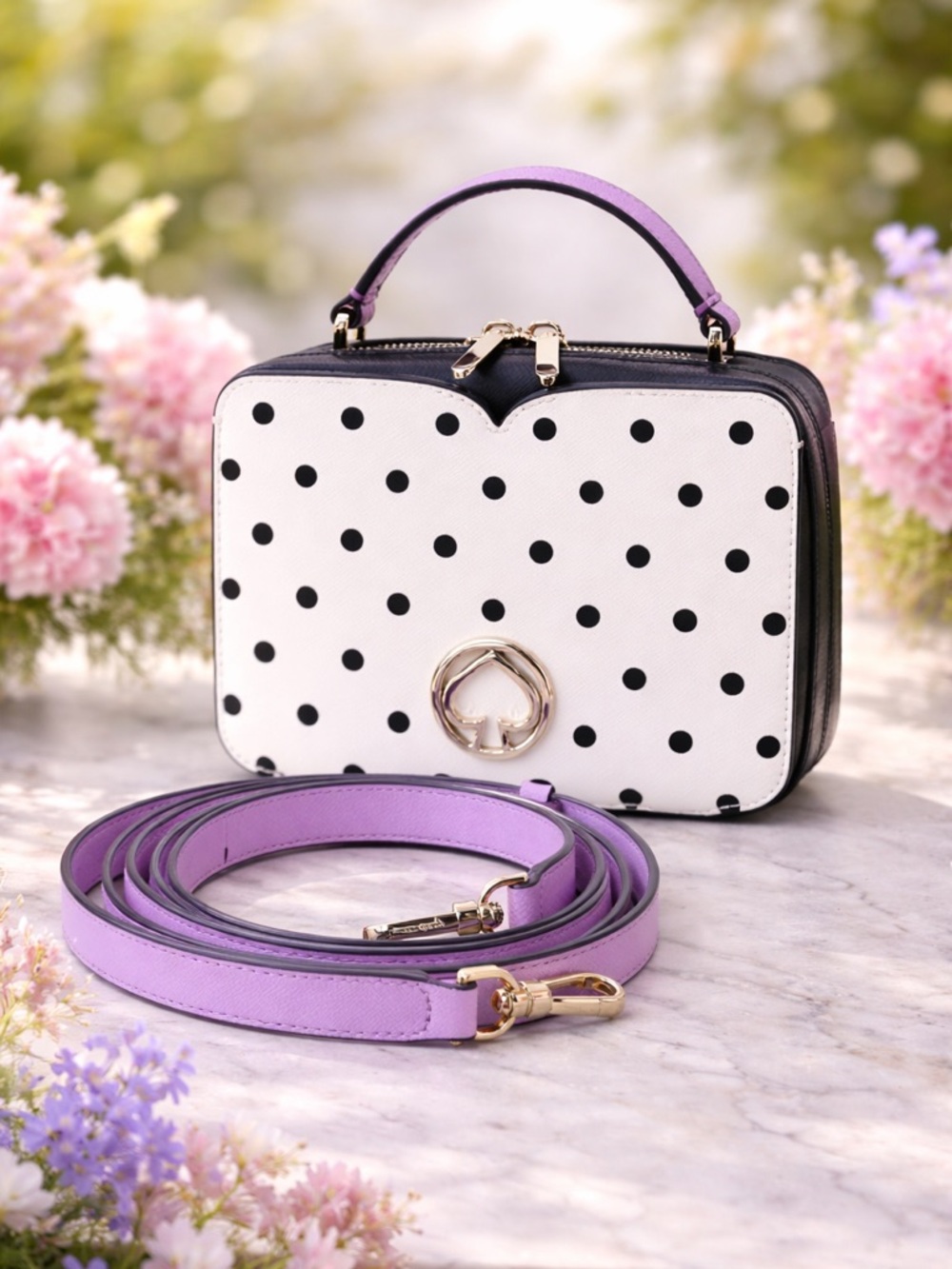 Kate Spade Cabana Polka Dot Crossbody Bag in White and Lavender - Picture 2 of 16
